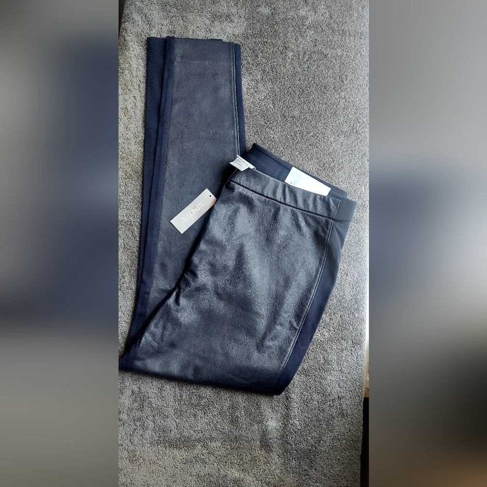 NWT Chicos Navy Blue Leggings with Faux Leather Front Detail